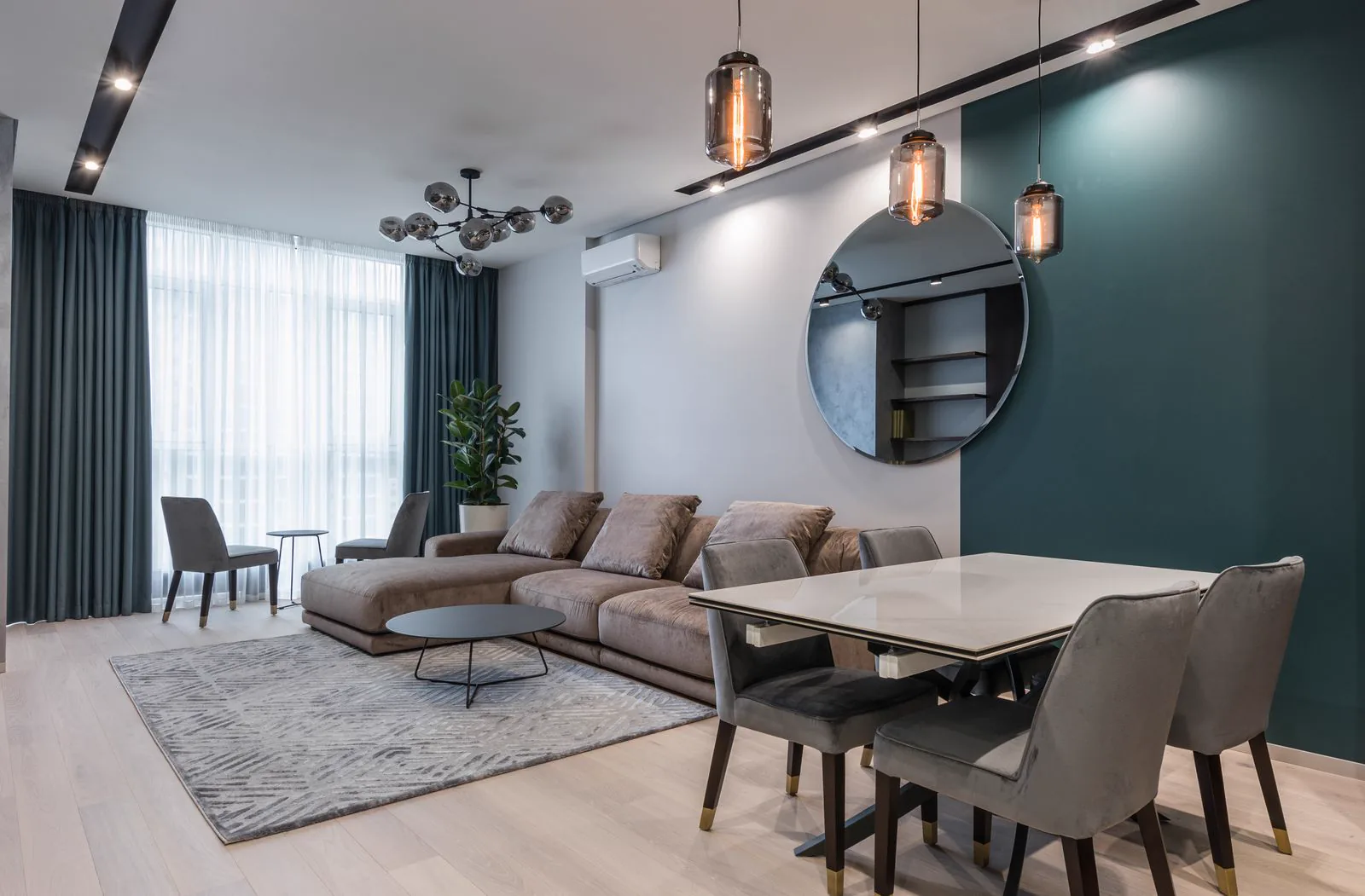 Open-plan smart living space with integrated lighting and climate control